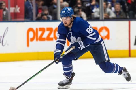 TORONTO, ON – OCTOBER 29: Toronto Maple Leafs center William Nylander #88 skates with the puck against the Washington Capitals during the second period at the Scotiabank Arena on October 29, 2019 in Toronto, Ontario, Canada. (Photo by Kevin Sousa/NHLI via Getty Images)