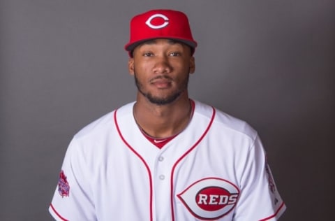 Feb 26, 2015; Goodyear, AZ, USA; Cincinnati Reds starting pitcher Amiir Garrett (76) poses for a picture during photo day at the Reds Player Development Complex. Mandatory Credit: Kyle Terada-USA TODAY Sports