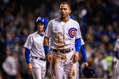 CHICAGO, IL – SEPTEMBER 27: Willson Contreras #40 of the Chicago Cubs looks on during the game against the Pittsburgh Pirates at Wrigley Field on Thursday September 27, 2018 in Chicago, Illinois. (Photo by Rob Tringali/MLB Photos via Getty images)