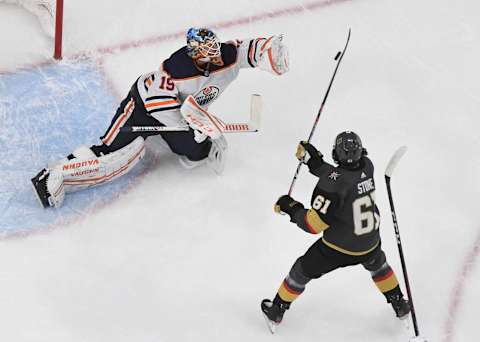 LAS VEGAS, NEVADA – FEBRUARY 26: Mikko Koskinen #19 of the Edmonton Oilers defends the net against Mark Stone #61 of the Vegas Golden Knights in the first period of their game at T-Mobile Arena on February 26, 2020 in Las Vegas, Nevada. (Photo by Ethan Miller/Getty Images)