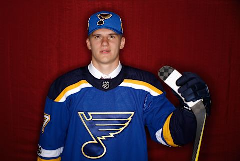 CHICAGO, IL – JUNE 23: Klim Kostin, 31st overall pick of the St. Louis Blues, poses for a portrait during Round One of the 2017 NHL Draft at United Center on June 23, 2017 in Chicago, Illinois. (Photo by Jeff Vinnick/NHLI via Getty Images)