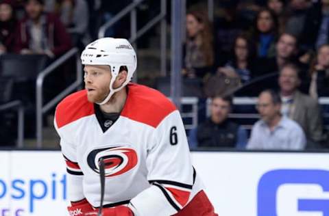 LOS ANGELES, CA – NOVEMBER 20: Tim Gleason #6 of the Carolina Hurricanes follows play against the Los Angeles Kings at Staples Center on November 20, 2014, in Los Angeles, California. (Photo by Harry How/Getty Images)