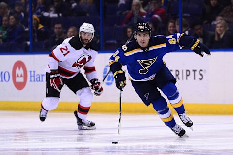 Dec 15, 2016; St. Louis, MO, USA; St. Louis Blues right wing Nail Yakupov (64) handles the puck against the New Jersey Devils during the second period at Scottrade Center. The Blues won 5-2. Mandatory Credit: Jeff Curry-USA TODAY Sports