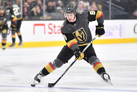 LAS VEGAS, NEVADA – DECEMBER 28: Cody Glass #9 of the Vegas Golden Knights skates during the first period against the Arizona Coyotes at T-Mobile Arena on December 28, 2019 in Las Vegas, Nevada. (Photo by Jeff Bottari/NHLI via Getty Images)