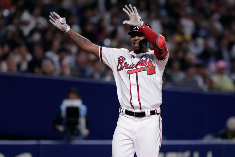 NAGOYA, JAPAN – NOVEMBER 15: Outfielder Ronald Acuna Jr. #13 of the Atlanta Braves celebrates after hitting a solo home run in the bottom of 8th inning during the game six between Japan and MLB All Stars at Nagoya Dome on November 15, 2018 in Nagoya, Aichi, Japan. (Photo by Kiyoshi Ota/Getty Images)