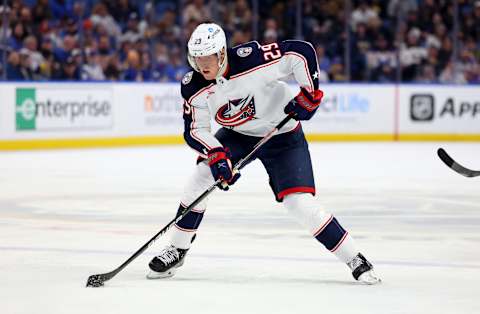 Feb 28, 2023; Buffalo, New York, USA; Columbus Blue Jackets left wing Patrik Laine (29) skates up ice with the puck during the first period against the Buffalo Sabres at KeyBank Center. Mandatory Credit: Timothy T. Ludwig-USA TODAY Sports