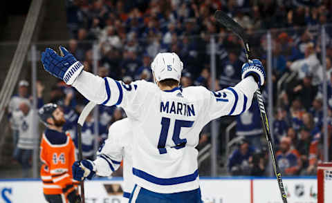 EDMONTON, AB – NOVEMBER 30: Matt Martin #15 of the Toronto Maple Leafs celebrates his goal against the Edmonton Oilers at Rogers Place on November 30, 2017 in Edmonton, Canada. (Photo by Codie McLachlan/Getty Images)