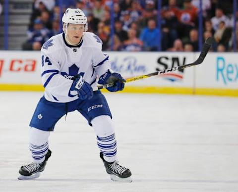 Feb 11, 2016; Edmonton, Alberta, CAN; Toronto Maple Leafs defensemen Morgan Rielly (44) follows the play against the Edmonton Oilers at Rexall Place. Mandatory Credit: Perry Nelson-USA TODAY Sports