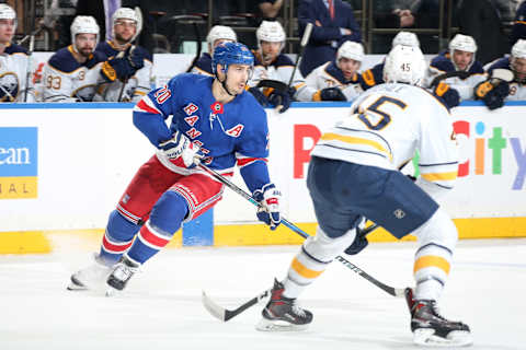 NEW YORK, NY – MARCH 24: Chris Kreider #20 of the New York Rangers skates with the puck against the Buffalo Sabres at Madison Square Garden on March 24, 2018 in New York City. The New York Rangers won 5-1. (Photo by Jared Silber/NHLI via Getty Images) *** Local Caption *** Chris Kreider