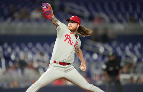 Sep 13, 2022; Miami, Florida, USA; Philadelphia Phillies starting pitcher Bailey Falter (70) delivers in the first inning against the Miami Marlins at loanDepot Park. Mandatory Credit: Jim Rassol-USA TODAY Sports