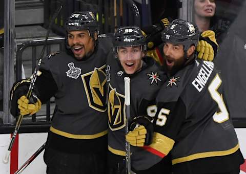 Ryan Reaves #75, Tomas Nosek #92 and Deryk Engelland #5 of the Vegas Golden Knights celebrate Nosek’s goal against the Washington Capitals in Game One of the 2018 NHL Stanley Cup Final (Photo by Ethan Miller/Getty Images)