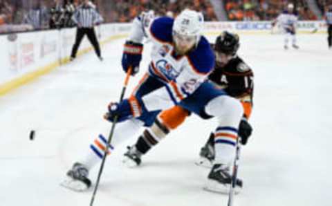 Apr 26, 2017; Anaheim, CA, USA; Anaheim Ducks center Ryan Kesler (17) knocks the puck away from Edmonton Oilers center Leon Draisaitl (29) during the first period in game one of the second round of the 2017 Stanley Cup Playoffs at Honda Center. Mandatory Credit: Kelvin Kuo-USA TODAY Sports