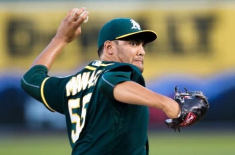 Jul 22, 2016; Oakland, CA, USA; Oakland Athletics starting pitcher Sean Manaea (55) pitches against the Tampa Bay Rays in the fifth inning at O.co Coliseum. Mandatory Credit: John Hefti-USA TODAY Sports