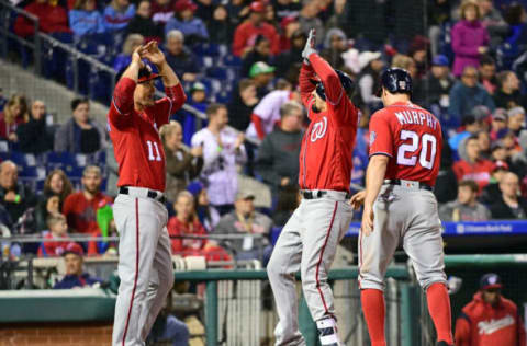 May 6, 2017; Philadelphia, PA, USA; Washington Nationals third baseman Anthony Rendon (6) celebrates his three run home run with first baseman Ryan Zimmerman (11) and second baseman Daniel Murphy (20) during the sixth inning against the Philadelphia Phillies at Citizens Bank Park. Mandatory Credit: Eric Hartline-USA TODAY Sports