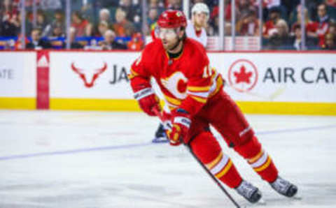 Jan 18, 2019; Calgary, Alberta, CAN; Calgary Flames left wing James Neal (18) skates with the puck against the Detroit Red Wings during the second period at Scotiabank Saddledome. Mandatory Credit: Sergei Belski-USA TODAY Sports