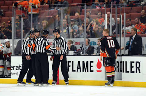 ANAHEIM, CA: Anaheim Ducks Right Wing Corey Perry (10) is sent to the penalty box during an NHL game between the Calgary Flames and the Anaheim Ducks on October 09, 2017. (Photo by Chris Williams/Icon Sportswire via Getty Images)