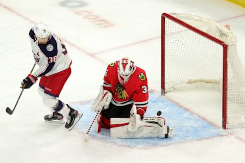 Kevin Lankinen #32 of the Chicago Blackhawks. (Photo by Stacy Revere/Getty Images)