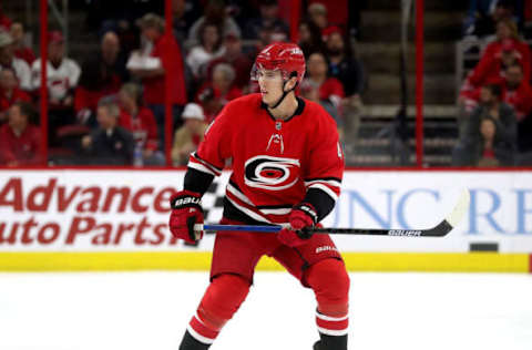 RALEIGH, NC – APRIL 4: Haydn Fleury #4 of the Carolina Hurricanes skates for position on the ice during an NHL game against the New Jersey Devils at PNC Arena on April 4, 2019, in Raleigh, North Carolina. (Photo by Gregg Forwerck/NHLI via Getty Images)