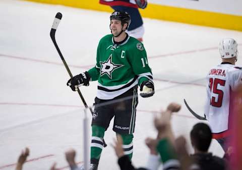 Feb 13, 2016; Dallas, TX, USA; Dallas Stars left wing Jamie Benn (14) celebrates a goal against the Washington Capitals at the American Airlines Center. The Stars defeat the Capitals 4-3. Mandatory Credit: Jerome Miron-USA TODAY Sports