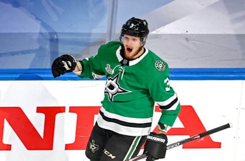 EDMONTON, ALBERTA – SEPTEMBER 25: John Klingberg #3 of the Dallas Stars celebrates after scoring a goal against the Tampa Bay Lightning during the first period in Game Four of the 2020 NHL Stanley Cup Final at Rogers Place on September 25, 2020 in Edmonton, Alberta, Canada. (Photo by Bruce Bennett/Getty Images)