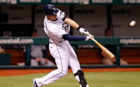 ST. PETERSBURG, FL – AUGUST 20: Infielder Evan Longoria #3 of the Tampa Bay Rays fouls off a pitch against the Seattle Mariners during the game at Tropicana Field on August 20, 2011 in St. Petersburg, Florida. (Photo by J. Meric/Getty Images)