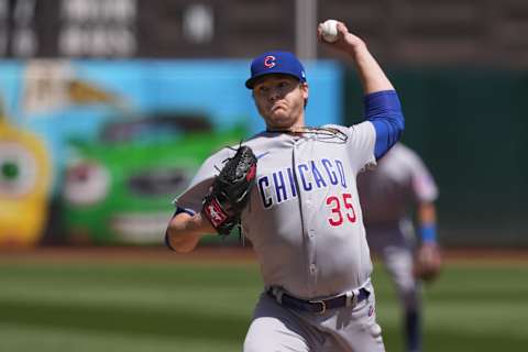 Apr 19, 2023; Oakland, California, USA; Chicago Cubs starting pitcher Justin Steele (35) throws a pitch against the Oakland Athletics during the first inning at Oakland-Alameda County Coliseum. Mandatory Credit: Darren Yamashita-USA TODAY Sports