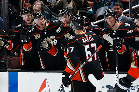 ANAHEIM, CA – NOVEMBER 1: Rickard Rakell #67 of the Anaheim Ducks celebrates his third period goal with his teammates during the game against the New York Rangers on November 1, 2018 at Honda Center in Anaheim, California. (Photo by Debora Robinson/NHLI via Getty Images)