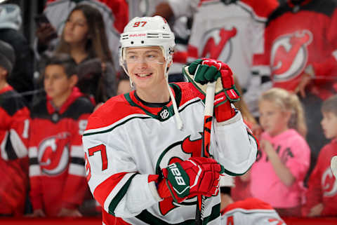 Nikita Gusev #97 of the New Jersey Devils smiles during warm ups before the game against the New York Islanders at Prudential Center on January 07, 2020.