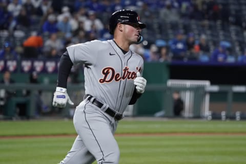 KANSAS CITY, MO – APRIL 15: Spencer Torkelson #20 if the Detroit Tigers runs to first after hitting against the Kansas City Royals at Kauffman Stadium on April 15, 2022, in Kansas City, Missouri. (Photo by Ed Zurga/Getty Images)