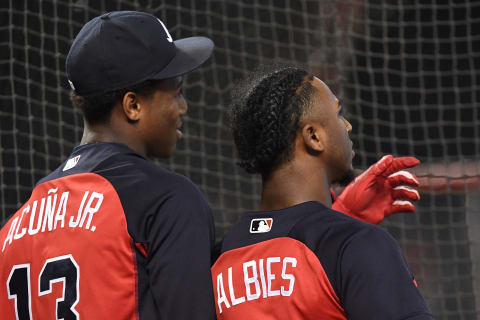 PHOENIX, AZ – SEPTEMBER 08: Ronald Acuna Jr. #13 and Ozzie Albies #1 of the Atlanta Braves look on during batting practice for the MLB game against the Arizona Diamondbacks at Chase Field on September 8, 2018 in Phoenix, Arizona. (Photo by Jennifer Stewart/Getty Images)