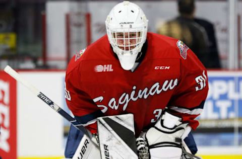 WINDSOR, ON – SEPTEMBER 27: Goaltender Tristan Lennox #30 of the Saginaw Spirit skates prior to a game against the Windsor Spitfires on September 27, 2018 at the WFCU Centre in Windsor, Ontario, Canada. (Photo by Dennis Pajot/Getty Images)