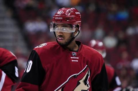 Oct 2, 2015; Glendale, AZ, USA; Arizona Coyotes left wing Anthony Duclair (10) looks on during the second period against the San Jose Sharks at Gila River Arena. Mandatory Credit: Matt Kartozian-USA TODAY Sports