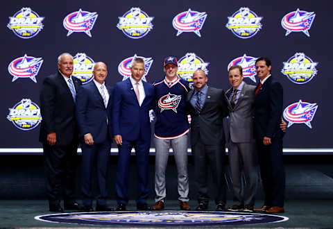 BUFFALO, NY – JUNE 24: Pierre-Luc Dubois celebrates with the Columbus Blue Jackets after being selected third overall during round one of the 2016 NHL Draft on June 24, 2016 in Buffalo, New York. (Photo by Bruce Bennett/Getty Images)