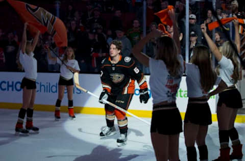 ANAHEIM, CA: Rickard Rakell #67 of the Anaheim Ducks is recognized as the first star of the game after defeating New Jersey Devils 4-2 on March 18, 2018. (Photo by Foster Snell/NHLI via Getty Images)