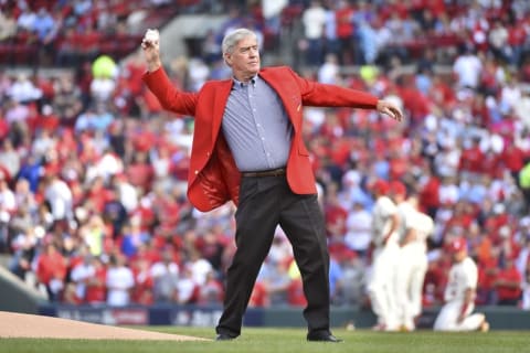 Oct 10, 2015; St. Louis, MO, USA; St. Louis Cardinals former catcher Ted Simmons throws out the ceremonial first pitch before game two of the NLDS against the Chicago Cubs at Busch Stadium. Mandatory Credit: Jasen Vinlove-USA TODAY Sports