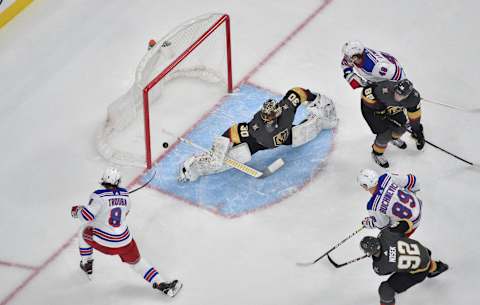 LAS VEGAS, NEVADA – DECEMBER 08: Jacob Trouba #8 of the New York Rangers scores a goal during the second period against the Vegas Golden Knights at T-Mobile Arena on December 08, 2019 in Las Vegas, Nevada. (Photo by David Becker/NHLI via Getty Images)