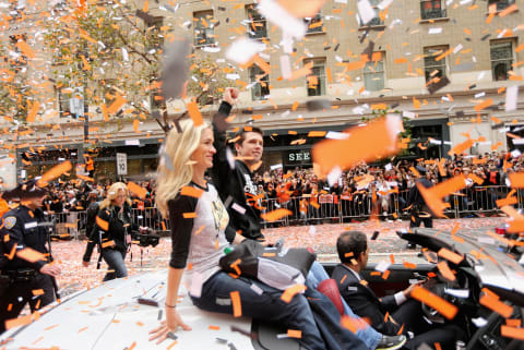 Buster Posey rides along the parade route during the San Francisco Giants (Photo by Ezra Shaw/Getty Images)