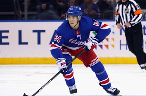 NEW YORK, NEW YORK – SEPTEMBER 26: Nils Lundkvist #64 of the New York Rangers skates against the New York Islanders in a preseason game at Madison Square Garden on September 26, 2021, in New York City. The Islanders shut out the Rangers 4-0. (Photo by Bruce Bennett/Getty Images)