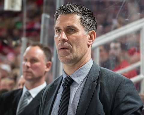 DETROIT, MI – MARCH 18: Head coach Jared Bednar of the Colorado Avalanche watches the action from the bench against the Detroit Red Wings during an NHL game at Joe Louis Arena on March 18, 2017 in Detroit, Michigan. The Wings defeated the Avalanche 5-1. (Photo by Dave Reginek/NHLI via Getty Images)