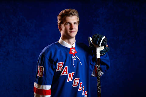 DALLAS, TX – JUNE 22: Vitali Kravtsov poses for a portrait after being selected ninth overall by the New York Rangers during the first round of the 2018 NHL Draft at American Airlines Center on June 22, 2018 in Dallas, Texas. (Photo by Jeff Vinnick/NHLI via Getty Images)