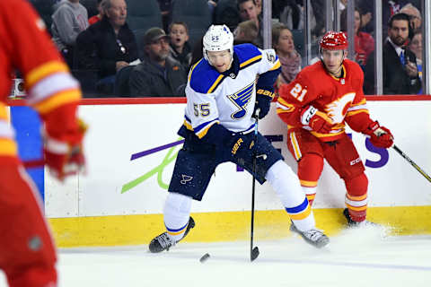 CALGARY, AB – DECEMBER 22: St. Louis Blues Defenceman Colton Parayko (55) skates with the puck during an NHL game where the Calgary Flames hosted the St. Louis Blues on December 22, 2018, at the Scotiabank Saddledome in Calgary, AB. (Photo by Brett Holmes/Icon Sportswire via Getty Images)