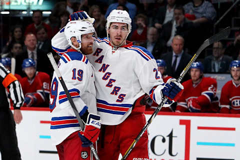 MONTREAL, QC – MAY 17: Brad Richards #19 and Ryan McDonagh #27 of the New York Rangers celebrate while taking on the Montreal Canadiens in Game One of the Eastern Conference Finals of the 2014 NHL Stanley Cup Playoffs at the Bell Centre on May 17, 2014 in Montreal, Canada. (Photo by Francois Laplante/FreestylePhoto/Getty Images)