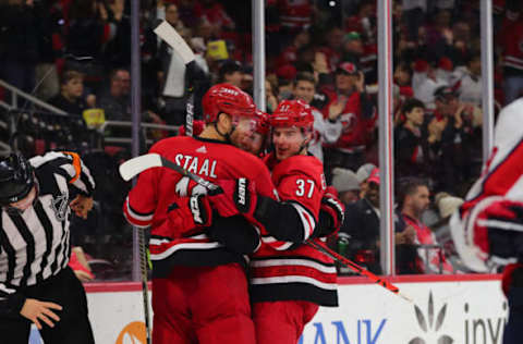 RALEIGH, NC – DECEMBER 28: Carolina Hurricanes celebrate a goal during the 2nd half of the Carolina Hurricanes game versus the Washington Capitals on December 28th, 2019 at PNC Arena in Raleigh, NC (Photo by Jaylynn Nash/Icon Sportswire via Getty Images)