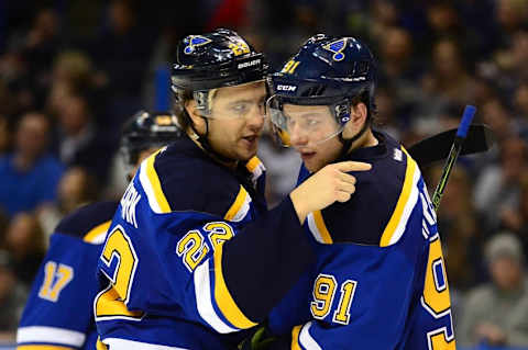 Mar 11, 2016; St. Louis, MO, USA; St. Louis Blues defenseman Kevin Shattenkirk (22) talks with right wing Vladimir Tarasenko (91) before a power play against the Anaheim Ducks during the second period at Scottrade Center. Mandatory Credit: Jeff Curry-USA TODAY Sports