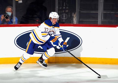 NEWARK, NEW JERSEY – FEBRUARY 23: Casey Mittelstadt #37 of the Buffalo Sabres skates against the New Jersey Devils at Prudential Center on February 23, 2021 in Newark, New Jersey. (Photo by Bruce Bennett/Getty Images)