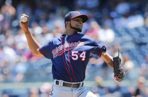 Jun 25, 2016; Bronx, NY, USA; Minnesota Twins starting pitcher Ervin Santana (54) pitches against the New York Yankees in the first inning at Yankee Stadium. Mandatory Credit: Andy Marlin-USA TODAY Sports