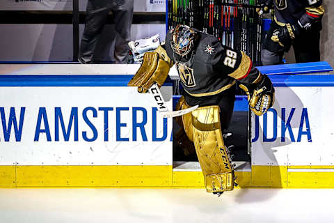 Marc-Andre Fleury #29 of the Vegas Golden Knights takes the ice prior to Game One of the Western Conference Final against the Dallas Stars. (Photo by Bruce Bennett/Getty Images)