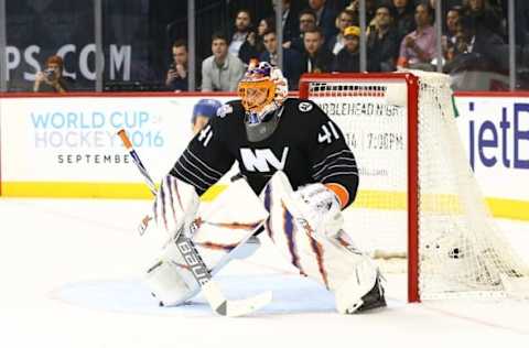 Mar 8, 2016; Brooklyn, NY, USA; New York Islanders goaltender Jaroslav Halak (41) defends his net against the Pittsburgh Penguins at Barclays Center. Mandatory Credit: Andy Marlin-USA TODAY Sports