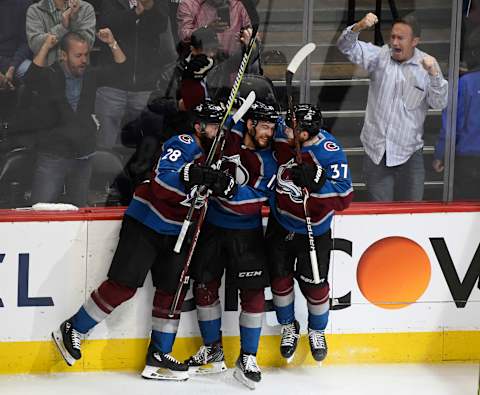 DENVER, C0 – MAY 06: Colorado Avalanche center Tyson Jost (17), center, celebrates his goal against the San Jose Sharks with teammates Colorado Avalanche defenseman Ian Cole (28), left, and Colorado Avalanche left wing J.T. Compher (37) in the second period at the Pepsi Center during the game six of the Stanley Cup Western Conference semifinals May 06, 2019. (Photo by Andy Cross/MediaNews Group/The Denver Post via Getty Images)