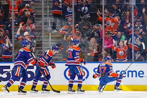 Dec 8, 2023; Edmonton, Alberta, CAN; Edmonton Oilers forward Connor McDavid (97) celebrates after scoring a goal against the Minnesota Wild during the second period at Rogers Place. Mandatory Credit: Perry Nelson-USA TODAY Sports